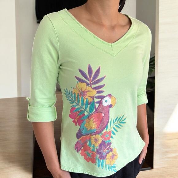 Pastel Embellished Parrot Shirt Sequin Lime Green Petite Small - Picture 7 of 7